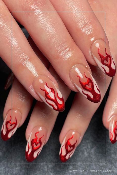 red chrome flaming heart nails Red Chrome Nails, Flame Nail Art, Chrome Nails, Fire Nails, Chrome Nails Designs, Dope Nails, Red Nail Designs, Red Nail Art Designs, Red Nail Art