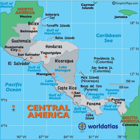 map of Central America. Central America, a part of North America, is a tropical isthmus that connects North America to South America. It includes 7 countries and many small offshore islands.  Overall, the land is fertile and rugged, and dominated through its heart by a string of volcanic mountain ranges. Commonwealth, Norte, Central America Map, Central America, Central American, Central America Travel, North America, South America, America Map