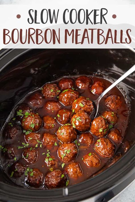 These Slow Cooker Bourbon Meatballs will be the hit of your next gathering. This recipe is basically effortless and requires only 5 minutes of prep time - let your crockpot do the work! #meatballs Slow Cooker, Guacamole, Sandwiches, Bourbon Meatballs Crockpot, Bourbon Meatballs, Homemade Meatballs Crockpot, Slow Cooker Meatballs, Meatballs In Crockpot, Crock Pot Meatballs