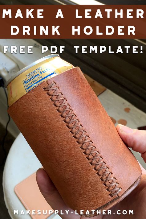 Want to make a leather drink or beer can holder? Check out this FREE PDF template and build along video. Leather Diy Crafts, Diy Leather Gifts, Diy Leather Bag, Leather Gifts, Leather Diy, Leather Working Projects, Leather Craft Projects, Leather Handbag Patterns, Leather Crafting