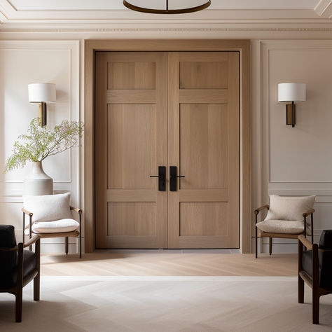 Our Michael Double Interior Door. Solid white oak. Built to order by our craftsmen. Fully customizable. Home, Interior, Solid Oak Doors, Two Panel Interior Door, Solid Wood Interior Door, Oak French Doors, White Trim Wood Doors, Wood Doors Interior, Wood Interior Doors