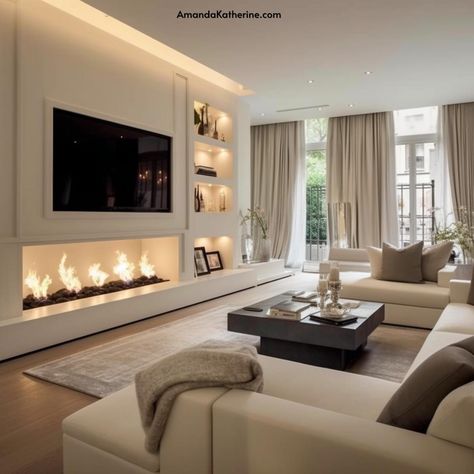 31 Stunning Fireplace Wall Ideas with a TV for your Living Room - Amanda Katherine Modern Fireplace Ideas Living Rooms, Fireplace Built Ins, Fireplace Modern Design, Fireplace Tv Wall, Modern Electric Fireplace, Fireplace Wall, Fireplace Design, Fireplace Ideas, Fireplace Tv