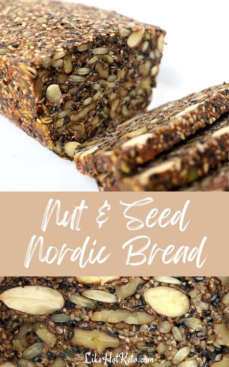 Sliced loaf of keto bread filled with seeds and nuts. Dessert, Gluten Free Recipes, Courgettes, Paleo, Gluten, Healthy Nuts, Nut Bread, Gluten Free Baking, Seed Bread