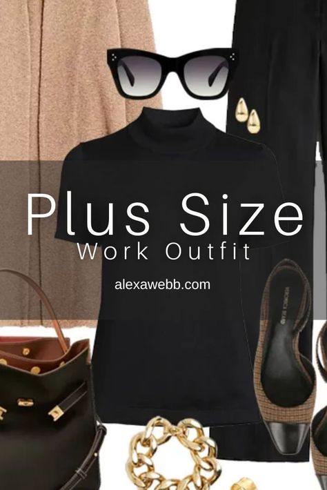 Plus Size Neutral Office Outfit - A plus size work outfit with black trousers, a black mock neck top, camel cardigan, and plaid heels. Perfect for fall and winter work days. Alexa Webb Winter Outfits, Comfortable Work Clothes, Office Outfits Women Casual, Office Wear Plus Size, Office Outfits Women, Office Casual Outfit, Business Casual Outfits For Women, Work Outfit Office, Business Casual Outfits For Work