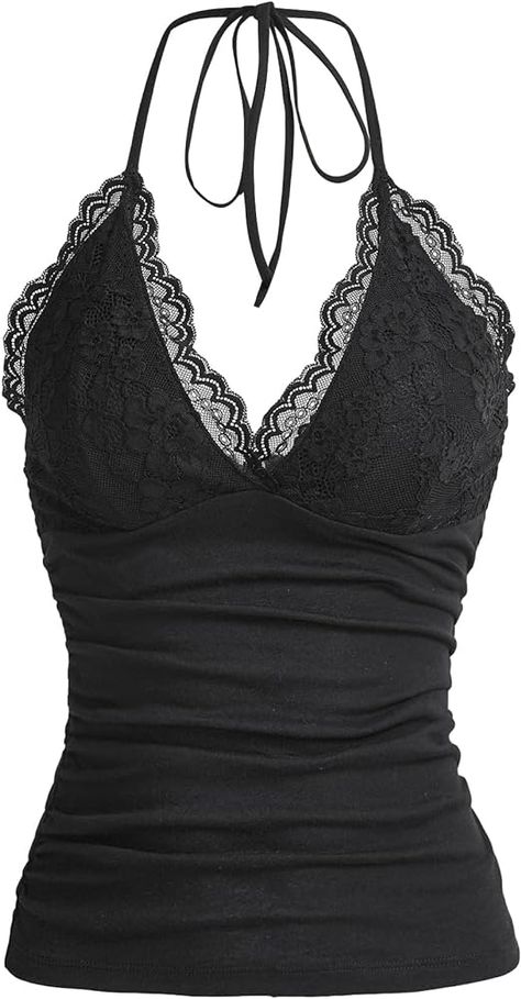 MakeMeChic Women's Y2K Top Contrast Lace Ruched Tie Back V Neck Cami Halter Top A Black L at Amazon Women’s Clothing store