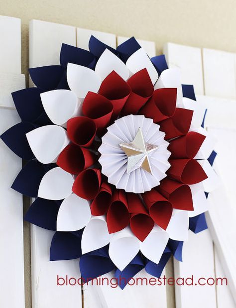 A (paper) firework gives guests an enthusiastic welcome. Just roll and glue cardstock for the perfect opening statement.  fourth-wreathClick through for more 4th of July decorations for celebration. Patriotic Decorations, 4th Of July Wreath, Patriotic Diy, Patriotic Wreath, Patriotic Crafts, Diy Patriotic Wreath, Fourth Of July Decor, Fourth Of July Decorations, 4th Of July Decorations