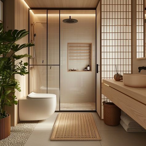 🌿 Embrace tranquility with this Japandi bathroom, where the serenity of a Japanese spa meets Scandinavian minimalism. The natural textures and a soothing palette illustrate a Japandi bathroom design that's both elegant and grounding. From the Japandi shower space to the sleek Japanese toilet, every detail is curated for a harmonious retreat. Transform your daily routine into a Zen experience. #JapandiBathroom #ZenBathroom #ScandinavianMinimalism #JapaneseToilet #JapandiDesign Interior, Design, Decoration, Bad, Styl, Japanese Bathroom, Kamar Mandi, Baden, Dekorasi Rumah