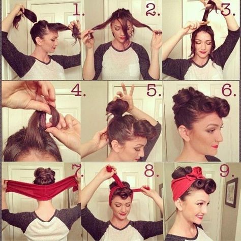 Diy Hairstyles, Hairstyle, Pin Up, Rockabilly, Bandana Hairstyles, Pinup Hair Bandana, Easy 50s Hairstyles, 50s Hairstyles, 1950s Hairstyles