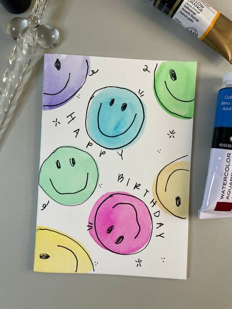 Smiley Happy Birthday Card Surprise group birthday card for colleage Crafts, Diy, Watercolor Greeting Cards, Greeting Cards Diy, Easy Greeting Cards, Greeting Cards Handmade, Card Ideas, Cards For Friends, Greeting Cards