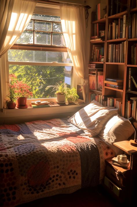 Bedroom, Home, Bed Near Window Ideas, Bed Near Window, Bed Bookshelf, Small Bedroom Bookshelf, Bookshelf Bed, Cozy Room, Bedroom Bookshelf