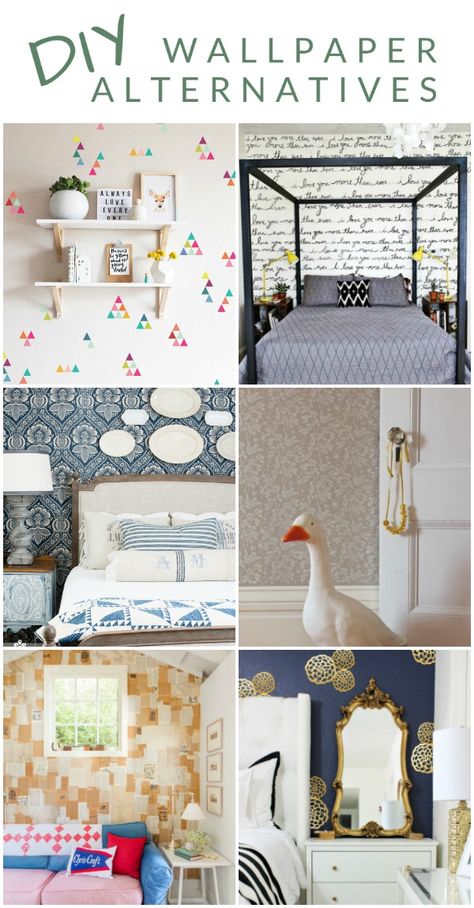 How to cover your walls in pattern and style, without the mess, hassle, or expense of wallpaper.  I’ve gathered 8 different wallpaper alternatives for you. Some are DIY techniques and others are products that you can buy. Now, go add a little bit of pattern and style to your walls. Interior, Bath, Gym, Design, Wall Covering Ideas, Removable Wallpaper For Renters, Wall Coverings, Wall Covering, Fabric Wall Coverings