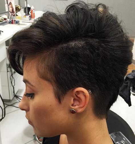 brunette asymmetrical pixie with long side bangs Shaved Pixie Cut, Asymmetrical Pixie Haircut, Asymmetrical Pixie Cuts, Shaved Pixie, Pixie Cut With Bangs, Short Pixie Haircuts, Short Pixie Cut, Thick Hair Styles, Long Asymmetrical Pixie