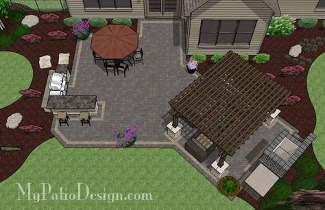 Rear Paver Patio Design with Pergola, Fireplace  Bar | Download Plan – MyPatioDesign.com Glamping, Exterior, Deck With Pergola, Patio Pavers Design, Outdoor Grill Station, Backyard Patio Designs, Pergola Patio, Large Backyard Landscaping, Backyard Patio