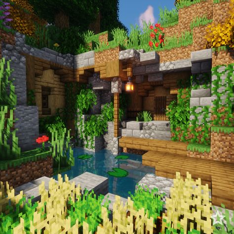 A simple, starter friendly Mountain House with small Fishing Pond. Does not require a whole lot of materials hence it´s easy to build. Minecraft In The Mountain House, Mc House Ideas Mountain, Minecraft Fishing Pond Ideas, Cute Minecraft Landscape, Minecraft Houses In The Mountain, Pond House Minecraft, Minecraft House On A Mountain, Minecraft Small Mountain House, Cute Mountain House Minecraft