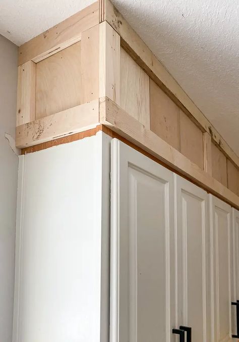 Learn how to extend your kitchen cabinets to the ceiling. Upgrade your kitchen with this easy to follow tutorial. DIY this project for a more modern look. Diy, Update Kitchen Cabinets, Shaker Kitchen Cabinets, Kitchen Cabinet Doors, How To Make Kitchen Cabinets, Kitchen Cabinets End Panels, Diy Kitchen Cabinets, Refacing Kitchen Cabinets, Kitchen Cabinets Upgrade