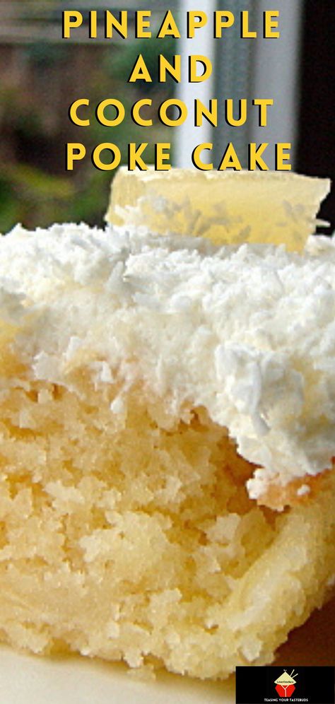Pineapple and Coconut Poke Cake. A delicious pineapple combined with creamy coconut cake recipe, topped with fresh whipped cream and more coconut, making a soft and fluffy great tasting tropical cake Pastel, Dessert, Coconut Pinapple Cake, Coconut Pineapple Cake, Pineapple Cake, Pineapple Poke Cake, Pineapple Cake Recipe, Coconut Sheet Cakes, Pinapple Cake