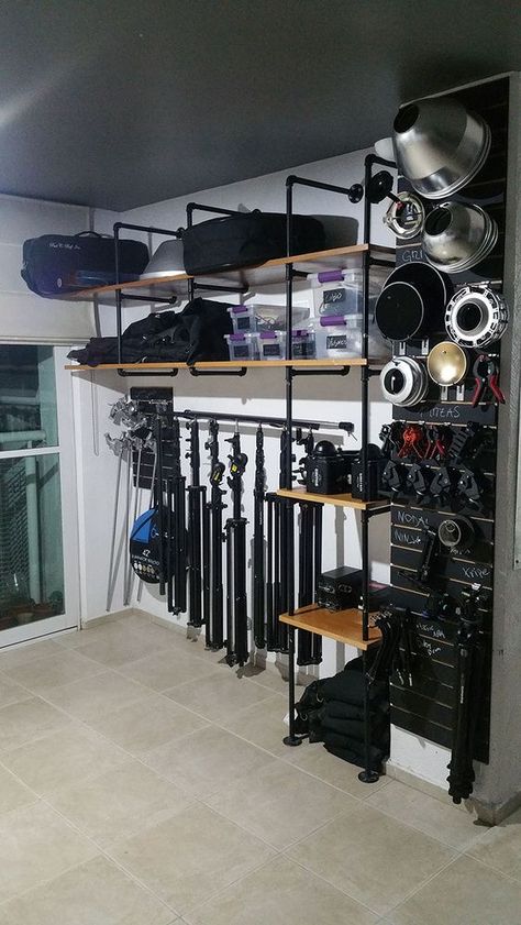 Now that I'm settled into my new 4200 sq. ft. studio, I have a ton of space. However, that wasn't always the case; in a smaller space, organization was the key to sanity. Tripping over gear and frantically searching for grip equipment is frustrating and doesn't look good in front of clients. I believe if you have an organized workspace that organization will be reflected in your mood while on set, allowing you to stay calm, cool, and collected. In this video, I show you four tips to starting ... Garage Studio, Equipment Storage, Desk Organization Office, Gear Room, Studio Organization, Studio Equipment, Studio Space, Photography Equipment Storage, Equipment