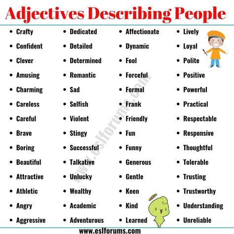 Adjectives to Describe a Person | Useful Appearance & Personality Adjectives - ESL Forums Cambridge, Posters, Adjectives To Describe People, Personality Adjectives, Adjectives To Describe Someone, Common Adjectives, Adjectives Esl, Adjective Words, Adjectives