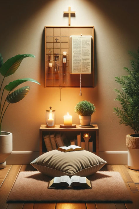 Transform a corner of your home into a serene prayer room. Our easy guide shows you how to create a tranquil space with plush pillows, scented candles, and a custom prayer board. Perfect for reflection and spiritual growth. Click for inspiration! #PrayerRoomDesign #HomeSanctuary #SpiritualSpace" Decoration, Home Décor, Prayer Space In Bedroom, Prayer Room Ideas, Prayer Corner Ideas Bedrooms Christian, Prayer Room Design Muslim, Prayer Closet, Christian Room Decor, Prayer Room