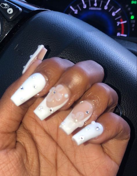 Piercing, Wedding Dress, White Nails With Gems Rhinestones, French Tip Acrylic Nails, Square Nail Designs, Square Acrylic Nails, Coffin Shape Nails, French Tip Nails, Short Square Acrylic Nails