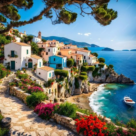 Premium AI Image | Nestled along a rocky seashore there lies a quaint Greek seaside village that epitomizes picturesqu 3d, Art, Seaside Village, Beachside, Seaside, Quaint, Village, City, Cities