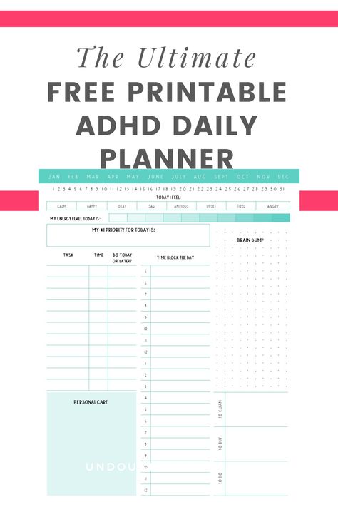 If you've struggled with feeling overwhelmed with daily task management or procrastination, this free printable ADHD daily planner template is here to help! Get a jumpstart on staying organized and focused while managing your symptoms. Adhd, Time Management Worksheet, Daily Task, Productivity Planner, Daily Routine Schedule, Adhd Planner, Daily Planner Printables Free, Free Daily Planner, Daily Planner