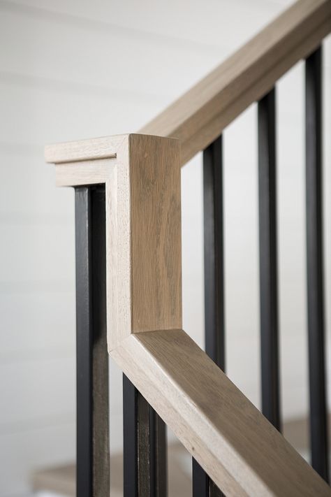 Stair Rift White Oak handrail with a custom stain - mimic this  metal spindles with dark stain wood?? Metal Railings Indoor, Metal Stair Railing, Staircase Railings, Staircase Railing Ideas Iron, Stairs Handrail Ideas, Stair Handrail, Metal Stairs, Handrails For Stairs, Basement Stair Railing Ideas