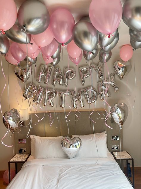 Pink and silver bedroom balloons Birthday Room Decorations, Birthday Room Surprise, Room Birthday Decoration Surprise, Pink Birthday Theme Decor, 16th Birthday Decorations, Birthday Party Theme Decorations, Simple Birthday Decorations, Birthday Party Decorations, 18th Birthday Decorations