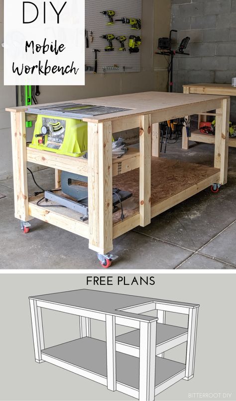 Mobile Workbench with Table Saw - Bitterroot DIY Diy Workbench, Garage Work Bench, Workbench Ideas, Workbench Plans Diy, Table Saw Workbench, Diy Garage Storage, Workbench Plans, Woodworking Bench Plans, Simple Workbench Plans