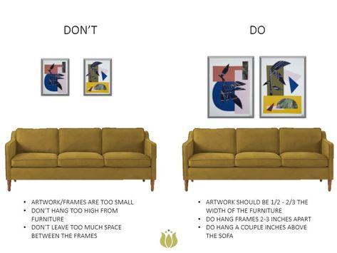 Hanging art can come with it challenges. Luckily, our Interior Designer, Cassie, put together a few visuals and tips to help you hang art like a pro! Below, you will find a few examples of the most common mistakes we see when it comes to placement and spacing and examples of how to correct them. Sofas, Inspiration, Design, Picture Placement On Wall, Art Above Couch, Art Above Sofa, Art Above Bed, Wall Behind Couch, Wall Behind Sofa