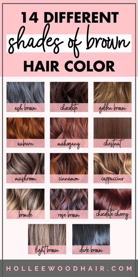 Everyone knows that brunettes do it better, right? But what's the difference between ash brown and mushroom brown hair color? What about brunette hair with highlights vs. multi-dimensional balayage? This shades of brown hair color chart will help you see the difference. These 14 different shades of brown hair dye will blow your mind... #brunette #brownhair #brownhaircolor #haircolor Balayage, Ash Brown Hair, Color For Brown Hair, Shades Of Brown Hair, Shades Of Brunette, What Hair Color Is Best For Me, Brown Hair Color Shades, Ash Brown Hair Dye, Hair Color Chart Brown