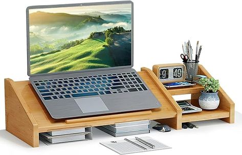 Amazon.com: Ufine Bamboo Laptop Stand for Desk 3 Heights Adjustable Notebook Stand Computer Monitor Riser with 2 Tier Storage Shelf, Desktop Organizer Printer Stand for Home Office : Everything Else Standing, Height Adjustable, Riser, Desktop Organization, Desk, Printer, Stand Design, Desktop Storage, Bamboo