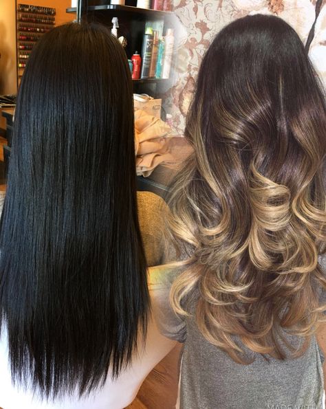 Hair transformation. before and after #jetblack hair #balayage #ashblonde Brunette Hair, Balayage, Dyed Hair, Balayage Before And After, Brown To Blonde Hair Before And After, Balayage Hair, Hair Transformation, Light Brown Ombre Hair, Curly Hair Styles