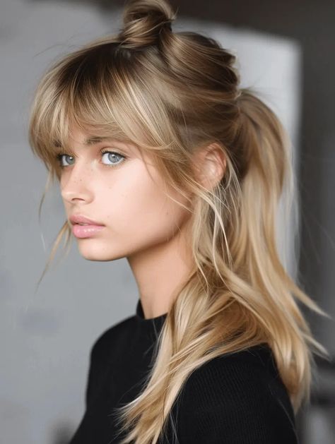 30 Charming Ponytails with Bangs: A 2024 Style Guide Art, Extensions, Ponytail Hairstyles, Portrait, Sleek Ponytail, Straight Hairstyles, Straight Across Bangs, Long Ponytails, Hairstyles With Bangs