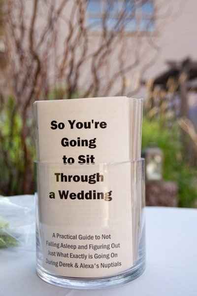 Do a book for each guest at their seat.   Put wedding/bride groom games in it, info about the wedding party in it.  Then the place cards/seating assignment can be a pencil with the table #attached. Wedding Planning, Wedding Programmes, Fun Wedding Programs, Wedding Programs Funny, Wedding Planner, Party Names, Wedding Programs, Getting Married, Wedding Humor