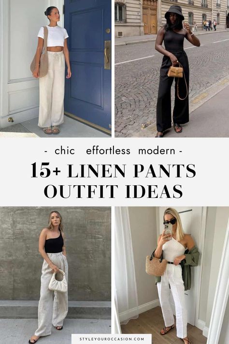 Looking for classy and modern linen pants outfit ideas for women? This list has linen pants outfits for spring, summer, fall, and even winter - both casual and dressy for work. Whether you want to style linen pants for the beach on vacation or for the office, you’ll love these aesthetic outfits and learn how to wear linen pants for every occasion. Winter, Trousers, Capsule Wardrobe, Linen Pants Outfit Summer, Casual Linen Pants, Summer Linen Pants, Wide Leg Linen Pants, Linen Pants Outfit, Linen Pants Women