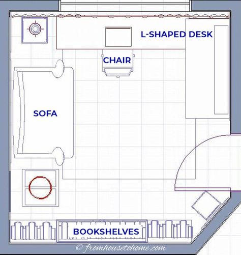 Small home office layout with an L-shaped desk in the corner and a couch Interior, Studio, Organisation, Home, Home Décor, Home Office, Office With L Shaped Desk Layout, Home Office/guest Room, Office And Den Combo