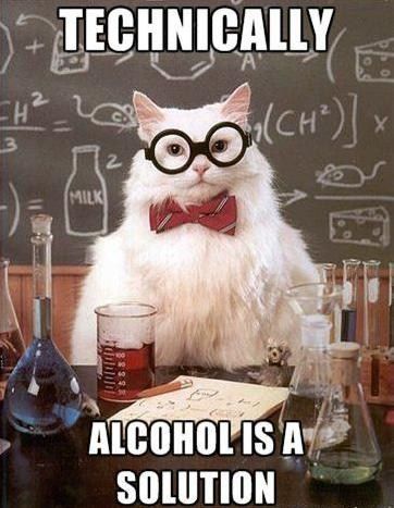 Is alcohol really a solution? - Chemistry Stack Exchange Science Humour, Chemistry Cat, Chemistry Jokes, Science Jokes, Funny Puns, Memes Humour, Funny Memes, Humour, Nerd Puns