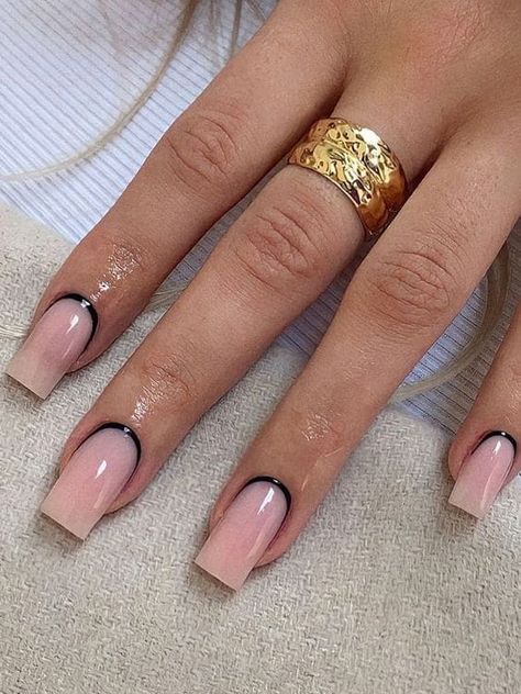 Short milky acrylics with reverse French tips in black Manicures, Acrylics, Black Nail Varnish, Black French Tips, Black French Nails, French Tip Nails, French Tip Nail Designs, Reverse French Nails, White Gel Nails