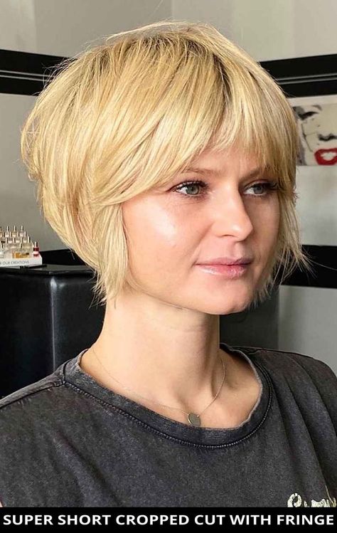 Wear this feminine super short cropped cut with fringe for a fresh makeover! Next, tap here to learn more about this look and also check out the rest of these short hair with bangs. Photo Credit: @marlenakairos_edu on Instagram Short Hair Styles, Haar, Bob, Blond, Pixie, Short Hair Cuts, Hair Cuts, Hair Inspiration, Cool Hairstyles