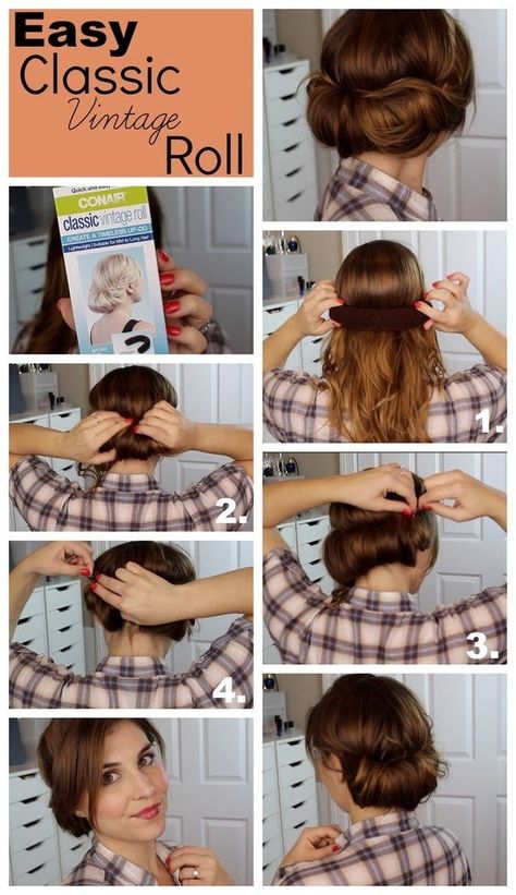 Use an inexpensive sponge roll to create a vintage-inspired updo in no time flat. | 27 Ways To Trick People Into Thinking You're Good At Doing Your Hair Easy 50s Hairstyles, Easy Vintage Hairstyles, 50s Hairstyles, 1940s Hairstyles, 1950s Hairstyles, Tuto Coiffure, Hair Updos, Hairstyles Haircuts, Hair Dos