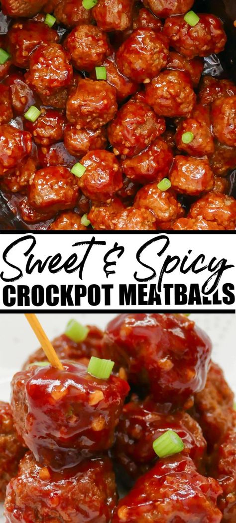 Sweet and spicy slow cooker meatballs are perfect for gameday! Easy to put together and make for a crowd-pleasing appetizer. | www.persnicketyplates.com Slow Cooker, Ideas, Dips, Apps, Meatball Recipes Crockpot, Crockpot Appetizers, Meatball Appetizer Recipe, Crock Pot Meatballs, Sweet Ans Sour Meatballs