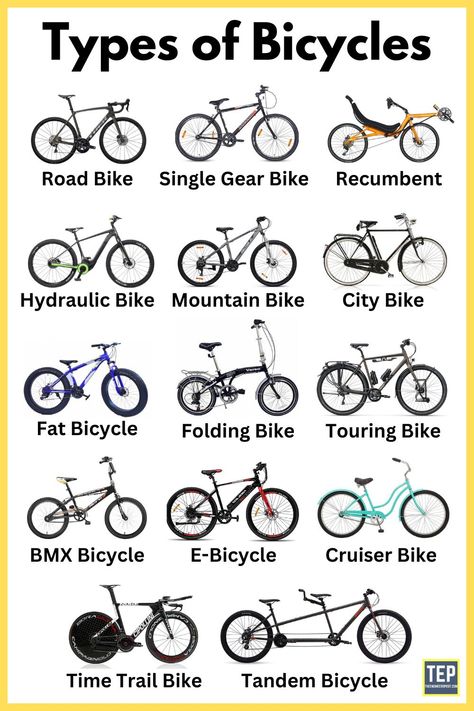 Cycles | Types of Cycles | Different Types of Cycles | Road Bike | Single Gear Cycle | Recumbent Cycle | Mountain Bike | City Bike | Folding Cycle | Touring Bike | Electric Bike | Cruiser Bike | Time Trail Bike | Tandem Bicycle English, Art, Techno, Bicycle Types, Tandem Bicycle, Bicycle Track, Bicycle Gear, Single Gear Bike, Bike Components
