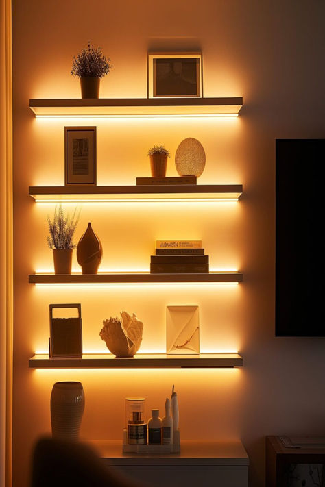 Warm LED lights illuminating floating shelves with decorative items in a modern bedroom setting. Wardrobes, Decoration, Bedroom Lighting, Room Lights, Living Room Lighting, Bedroom Ambiance, Led Shelf Lighting, Led Lighting Bedroom, Wall Lights Bedroom