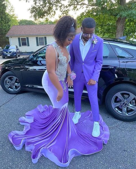 Suits, Prom, Prom Outfits Couples, Prom Couples Outfits, Prom Outfits For Couples, Purple Prom Dress Black Girl, Prom Girl Dresses, Purple Prom Dresses Black Girl, Couple Prom Outfits