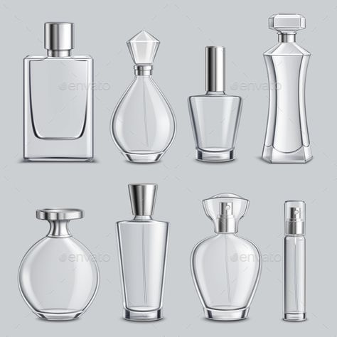 Perfume glass bottles various shapes and caps clear colorless realistic set light grey background isolated vector illustration Perfume, Perfume Bottles, Perfume Bottle Design, Glass Bottle, Bottle, Glass Bottles, Perfume Packaging, Bottle Design, Bottle Art