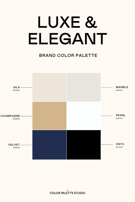 This is a luxurious and premium set of colors for a Luxe & Elegant brand color palette. Includes pairing guide, contrast scores for color and vision accessibility, color names, and hex codes. Pantone, Web Design, Design, Brand Colour Schemes, Brand Color Palette, Brand Colors, Navy Color Palette, Color Schemes Colour Palettes, Color Palette Design