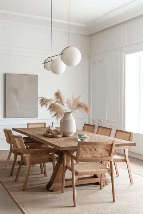Neutral modern dining room decor with wood dining table and rattan dining chairs Decoration, Home, Ideas, Haus, Modern, Cuisine, Sala, Arredamento, Decoracion De Interiores