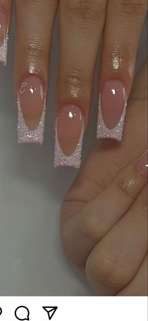 Glitter, French Tip With Glitter, Glitter French Tips, Glitter French Nails, French Tip Nails, White And Silver Nails, White Sparkle Nails, Sparkly French Tips, White Sparkly Nails