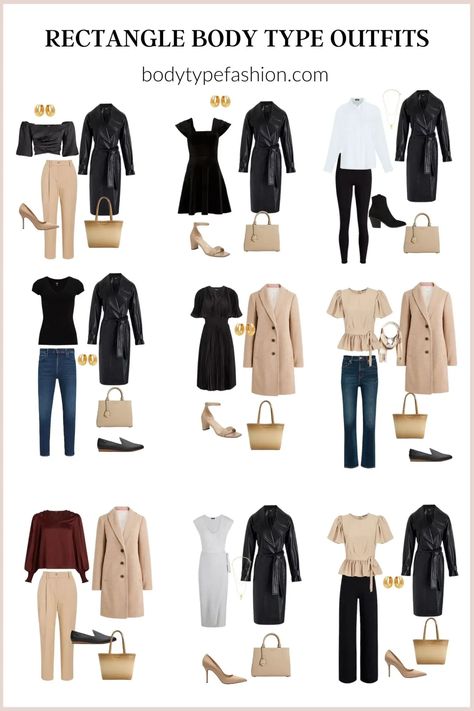 How to dress a tall rectangle shape - Fashion for Your Body Type Capsule Wardrobe, Wardrobes, Outfits, Costumes, Rectangle Body Shape Fashion Outfits, Rectangle Body Shape Outfits, Rectangle Body Shape Fashion, Dress For Body Shape, Body Type Clothes